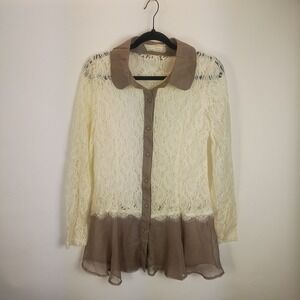 A'Reve Longe Sleeve Button Up Women's Medium Cream Brown Lace Sheer Boho